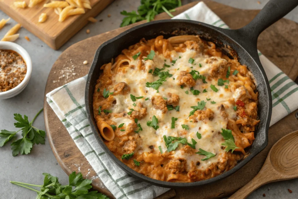 one-skillet cheesy ground chicken pasta recipe