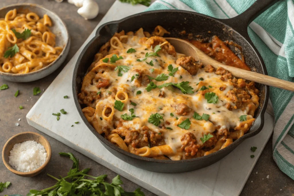 one-skillet cheesy ground chicken pasta recipe