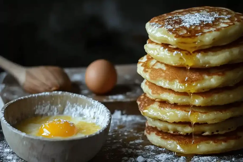A_stack_of_golden-brown_pancakes_some_perfectly
